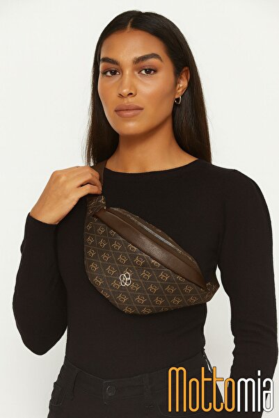 Newish Polo Mottomia Brown Monogram Patterned Women's Waist Bag Vegan Leather Daily Sports Crossbody Bag