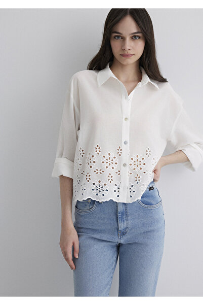 Mavi Fisto İşlemeli Beyaz Gömlek Loose Fit / Bol Rahat Kesim 1211150-620