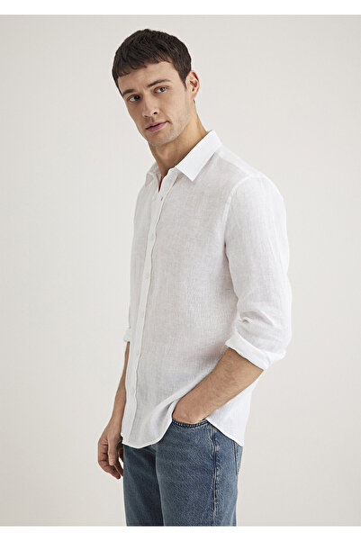 Mavi Beyaz Keten Gömlek Slim Fit / Dar Kesim 0211466-620