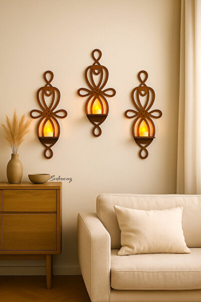 evdeucuz 3'lü Ahşap Duvar Mumluğu Aplik Duvar Süsü Mumluk