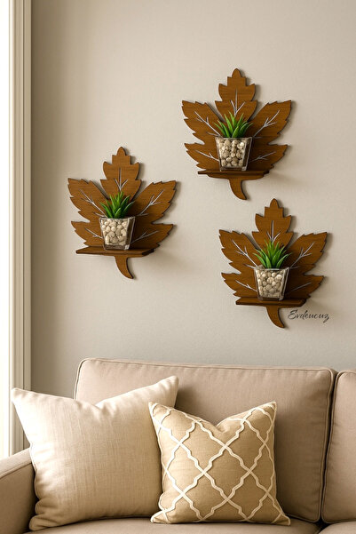 evdeucuz 3’lü Kahverengi Ahşap Yaprak Duvar Dekoru ve Mumluk Raf Seti – Modern Dekoratif Duvar Aksesuarı