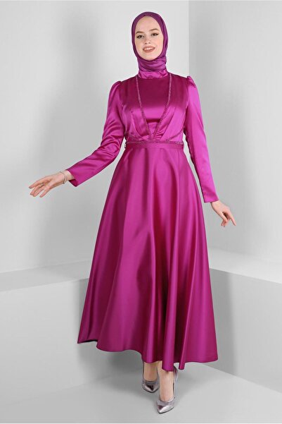 Alvina TAŞ İŞLEMELİ KEMERLİ SATEN ABİYE ELBİSE 50310