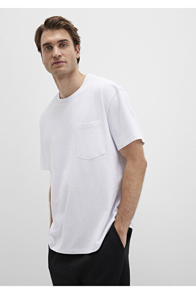Mavi Cep Detaylı Beyaz Basic Tişört Loose Fit / Bol Rahat Kesim 066248-620