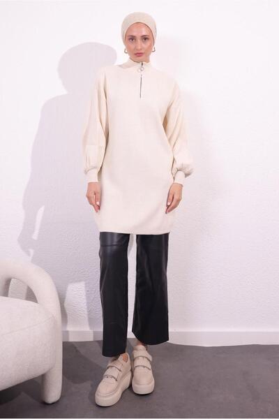 TRENDTESETTÜR Women's Ecru Zippered Knitwear Sweater t 8609