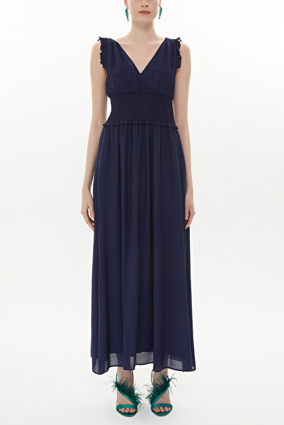 SOCIETA Lacivert Beli lastikli V yaka kolsuz uzun elbise 93348