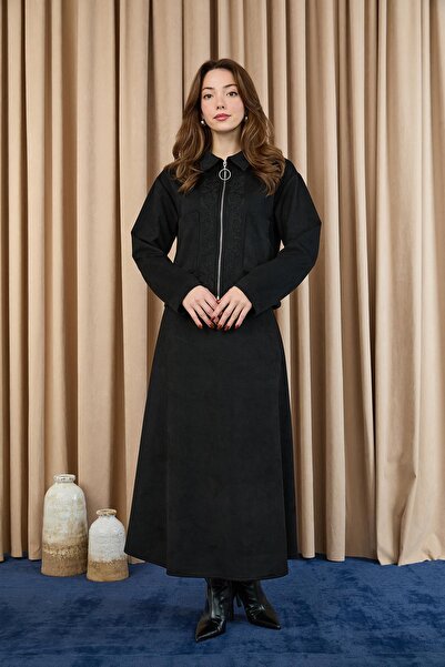 Puane Women's Embroidered Detailed Zippered Scuba Suede Jacket Set - 14396Tkm - Black