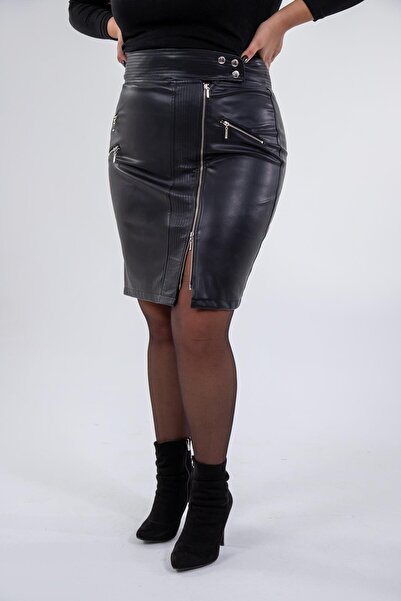 Roxxlen 122171 Γυναικεία φούστα μεγάλου μεγέθους με λεπτομέρεια με φερμουάρ από συνθετικό δέρμα μαύρη
