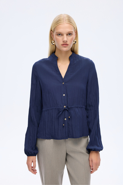 Quzu Wrinkled Textured Waist Lace-Up Buttoned Shirt Navy Blue