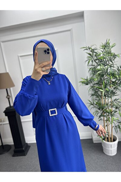 Nisa Nalbantoğlu Φόρεμα Crepe Invitation - Μπλε Πέτρινη Ζώνη, Πίσω Φερμουάρ