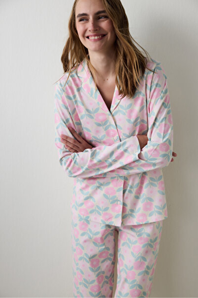 Penti Çiçekli Gömlek Yaka Uzun Kollu Pamuklu Pijama Takımı