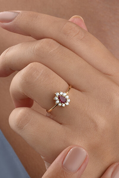 Nox Jewelry 14 Ayar Mikron Altın Kaplama Kırmızı Taşlı Damla Halo Yüzük – Vin...