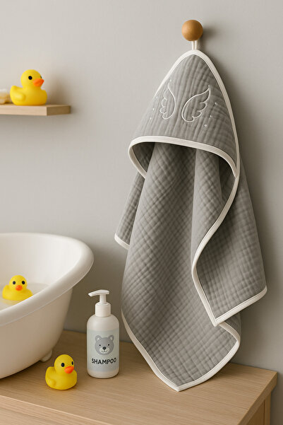 Wellgro منشفة أطفال موسلين رمادية - بغطاء للرأس