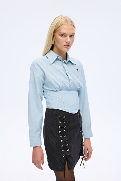 Quzu Nakış işlemeli Çizgili Korse Gömlek Mavi