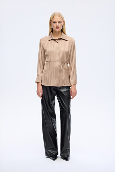 Quzu Shiny Textured Striped Waist-Tied Shirt Mink