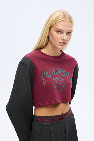 Quzu Blazer Garnili Padded Crop Sweatshirt Burgundy