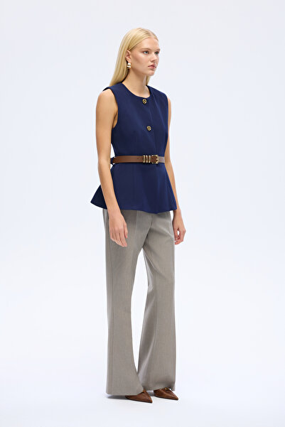 Quzu Buttoned Sleeveless Vest with Belt Accessories Navy Blue