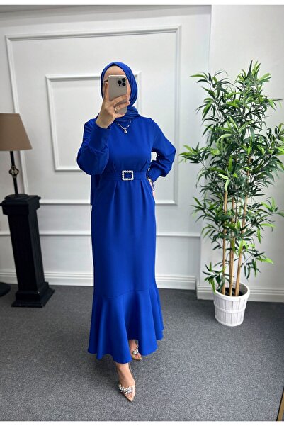 Nisa Nalbantoğlu Φόρεμα Crepe Invitation - Μπλε Πέτρινη Ζώνη, Πίσω Φερμουάρ