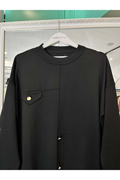 MERAM BUTİK Adn Thin Knit Tunic with Button Detail - Black - 1
