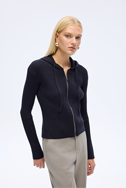 Quzu Zippered Hooded Knitwear Cardigan Navy Blue