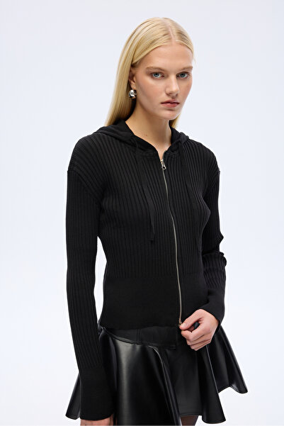 Quzu Трикотажний кардиган з капюшоном на блискавці, чорний