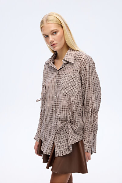 Quzu Ekose Bağcıklı Oversize Gömlek Kahverengi