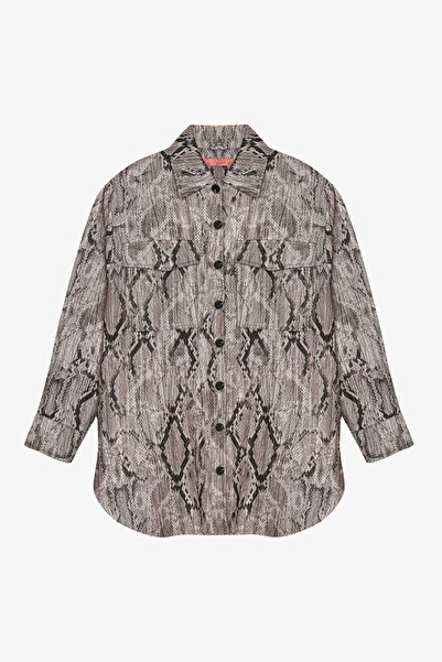 Quzu Оверсайз риза с змийски мотив, кафява