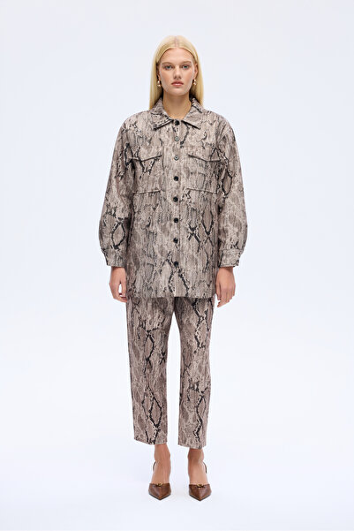 Quzu Yılan Desenli Oversize Gömlek Kahverengi
