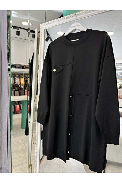 MERAM BUTİK Adn Thin Knit Tunic with Button Detail - Black - 1