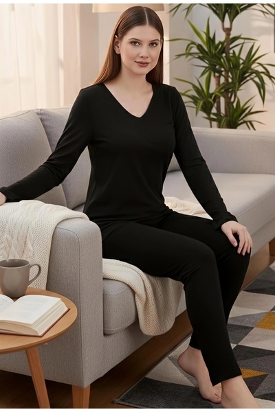 ÇAĞ MODA Viskon Örme V Yaka Uzun Kollu Kadın Pijama Takımı
