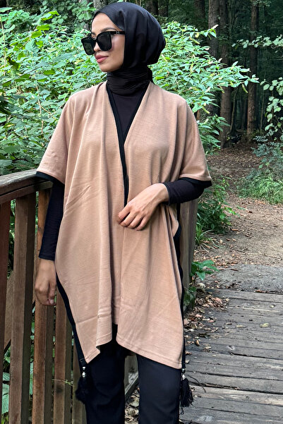 QLAY oversized Γυναικεία λεπτά πλεκτά - Πόντσο με φούντες και αντίθεση ριγέ