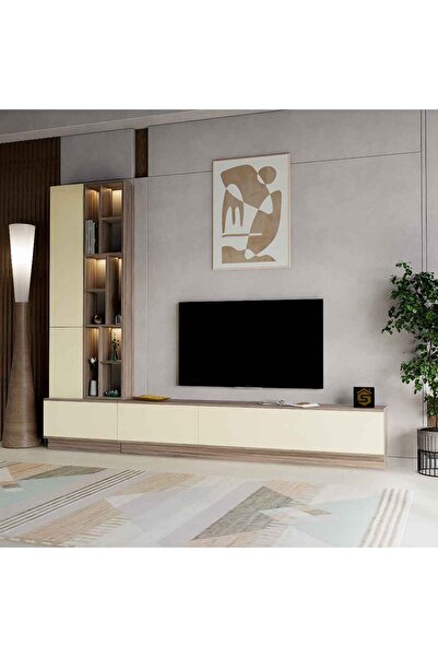 Stylish Home 4-Piece Wall Mounted TV Table with Shelves and Lighting, Beige, 61