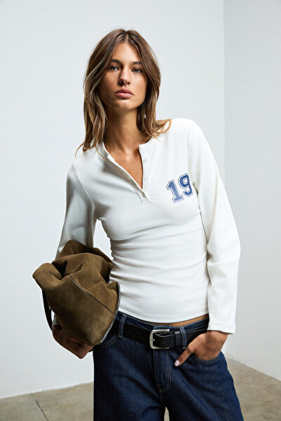 GRIMELANGE Matrush Women's Flexible and Soft Fabric Shoulder Padded Print Detailed Buttoned Long Sleeve White Blouse