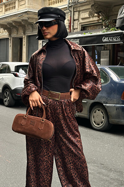 Lijuri Leopard Print Satin Suit with Bomber Jacket and Palazzo Pants 10276