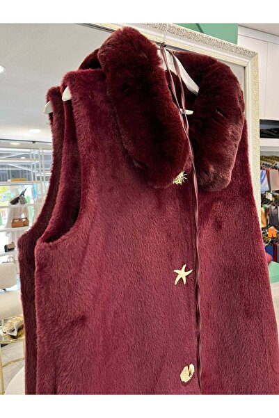 MERAM BUTİK Vatkatex Fur Angora Vest - Bordo - 2