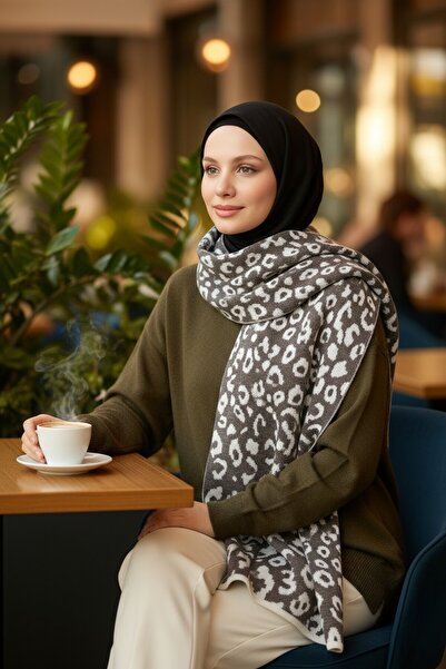 Onur Μαντήλι - Μαντήλι με μοτίβο λεοπάρ Χειμερινό μαντήλι λαιμού Χοντρό ποιοτικό ύφασμα υφαντό προϊόν διπλής όψης