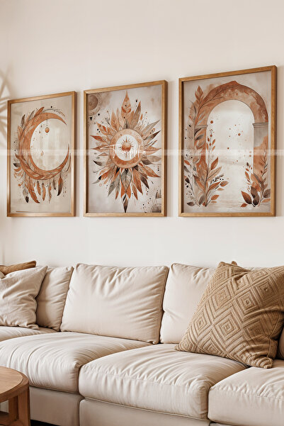 Tontilika Bohem Ay ve Güneş Temalı 3'lü Ahşap Çerçeveli Tablo Seti