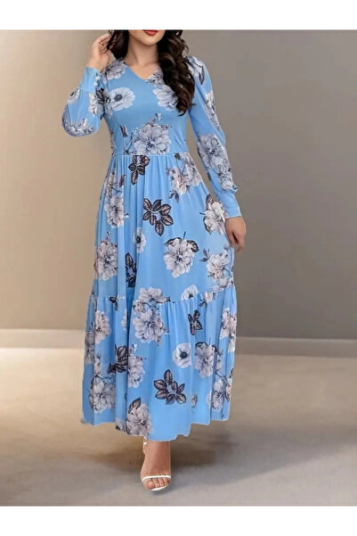 Genel Markalar Kadın Uzun Kollu V Yakalı çiçek Desenli Maxi Süprem Elbise