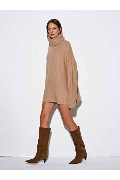 Dilvin 2268 Pulover cu gât roșu supradimensionat - Bej închis