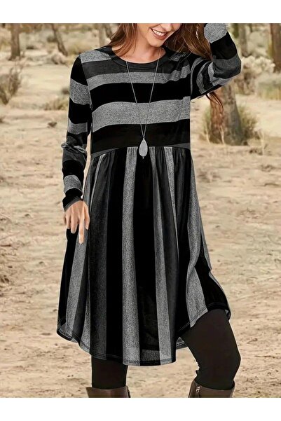 Wear Up Women's Long Sleeve Crew Neck Striped Pattern Detailed Single Jersey Mini Dress