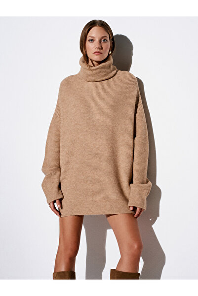 Dilvin 2268 Pulover cu gât roșu supradimensionat - Bej închis