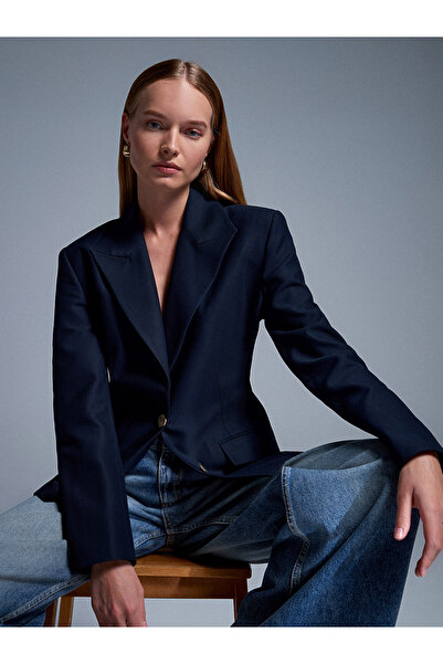 Dilvin 60774 Fitted Cut Padded Blazer-Navy Blue