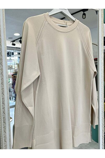 MERAM BUTİK Adn Thin Knit Tunic with Hair Braiding - Stone - 2