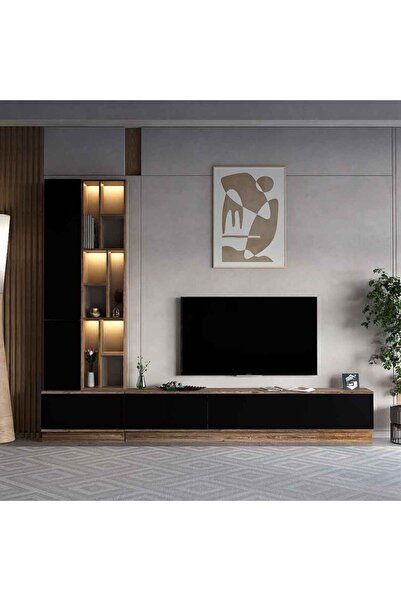 Stylish Home حامل تلفزيون باللون البني والأسود، 4 قطع، رفوف عالمية موديل 61، بني وأسود
