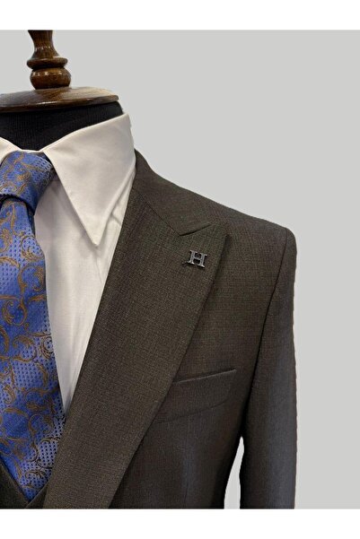 HERMOSE Koyu Kahverengi Modern Fit Yelekli Erkek Takım Elbise