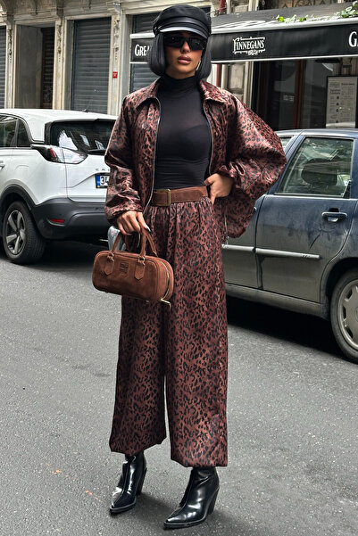 Lijuri Leopard Print Satin Suit with Bomber Jacket and Palazzo Pants 10276