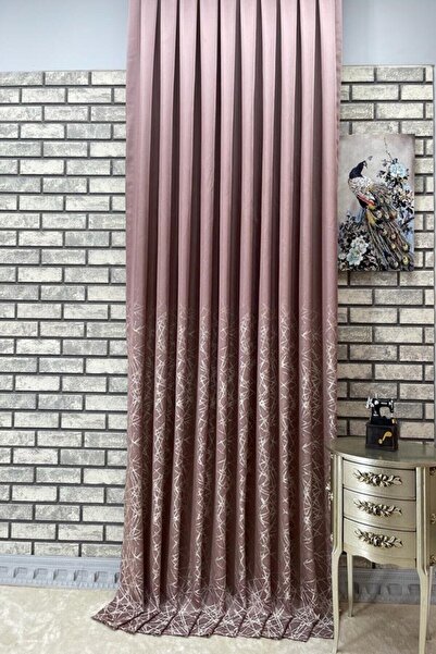 PERDECITY Pudra-krem Renk Desenli Pano Fon Perde 100 Cm Sık Boru Pile Roza