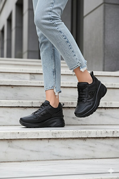 Zerenyus Wedge Heel Glittery Black Women's Sneakers