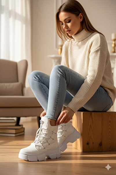 RİVOLİ Premium Bağcıklı Yüksek Tabanlı Kadın Kar Botu Beyaz