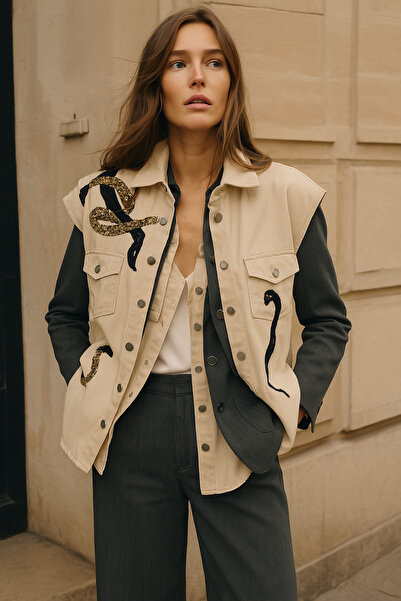 GZ Design Gold And Black Embroidered Cream Color Oversize Jean Vest