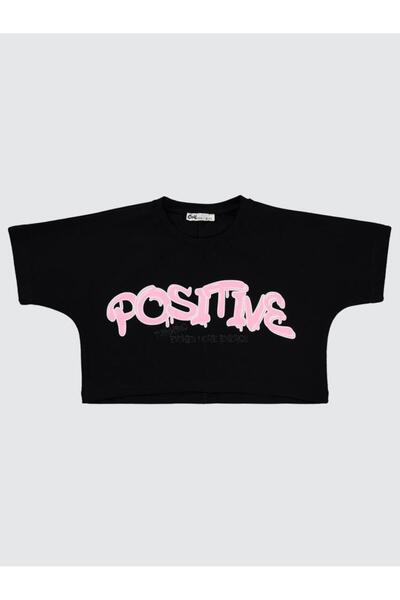 Civil Girls Positive Baskılı Crop 10-13 Yaş Tişört - Siyah 10-11 Yaş